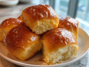 A close-up of several shiny, golden brown, soft dinner rolls stacked on a white plate.