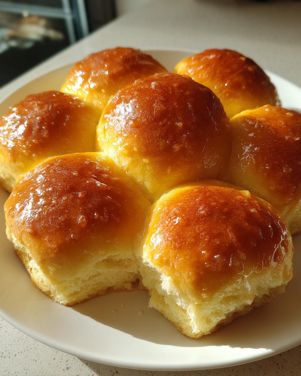 A plate of six golden brown, shiny dinner rolls pulled apart slightly to show the soft interior.