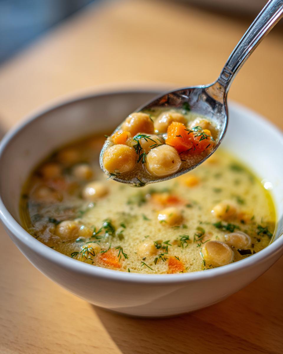 Close-up of a spoonful of creamy greek chickpea soup with carrots and dill being lifted from a white bowl.