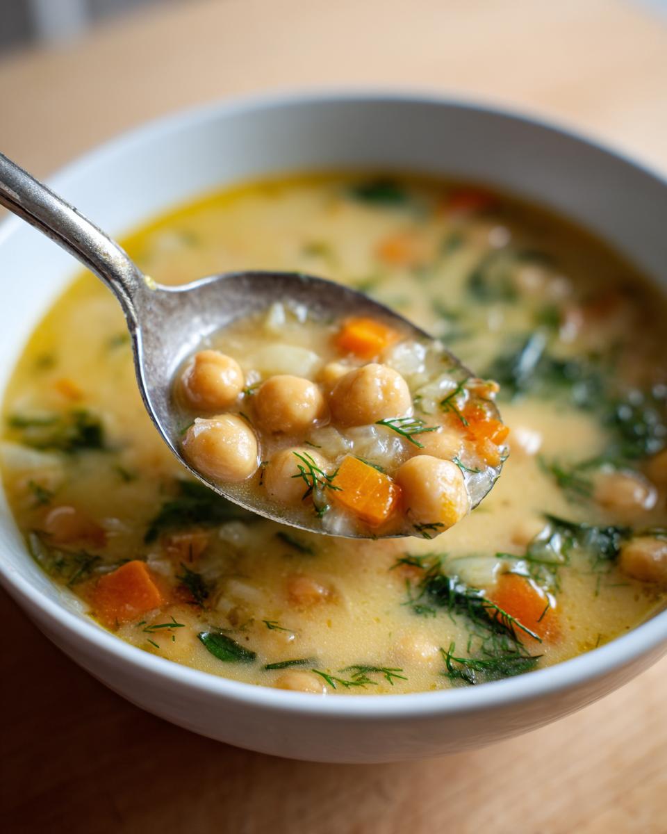 A spoonful of creamy greek chickpea soup, showing chickpeas, carrots, and fresh dill being lifted from a white bowl.