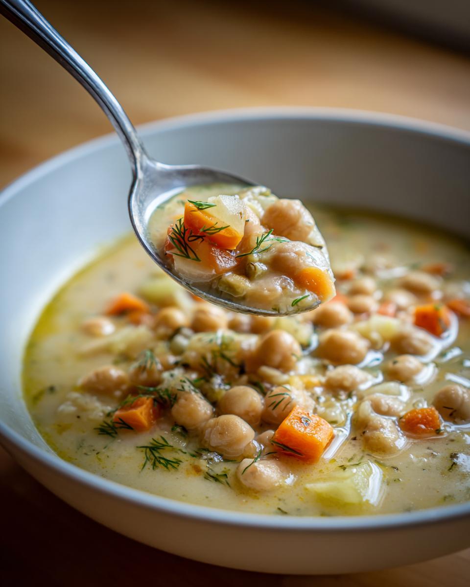 A spoonful of creamy greek chickpea soup featuring chickpeas, carrots, and fresh dill being lifted from a white bowl.
