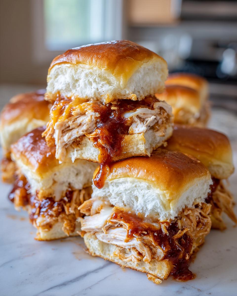 A stack of gooey, saucy bbq chicken sliders made with shredded chicken and melted cheese on soft, glazed slider buns.