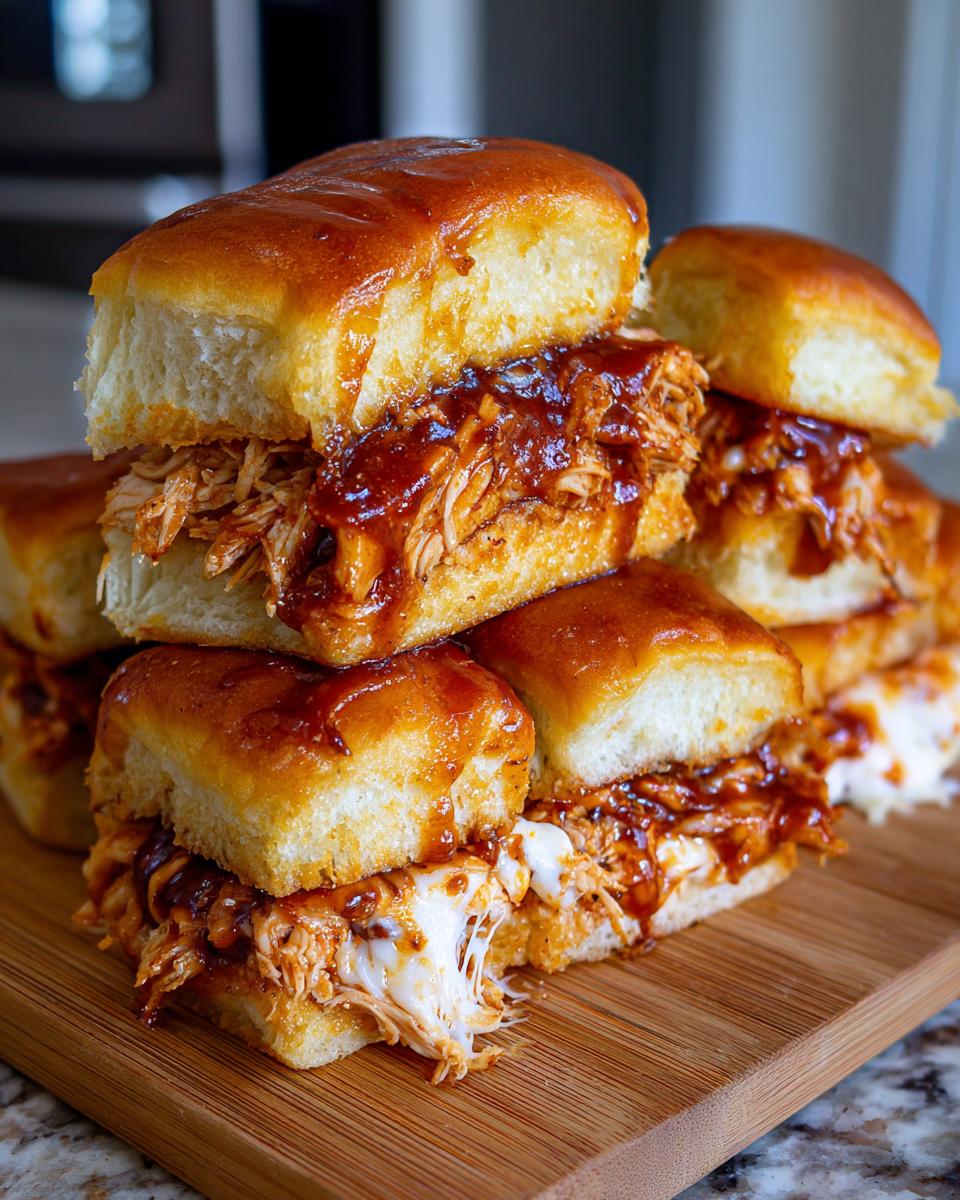 A stack of delicious bbq chicken sliders featuring shredded chicken, BBQ sauce, and melted cheese on glossy, toasted slider buns.