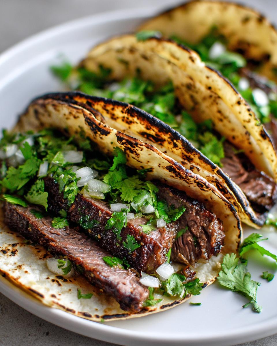 Close-up of three grilled steak tacos filled with sliced steak, fresh cilantro, and diced white onion.