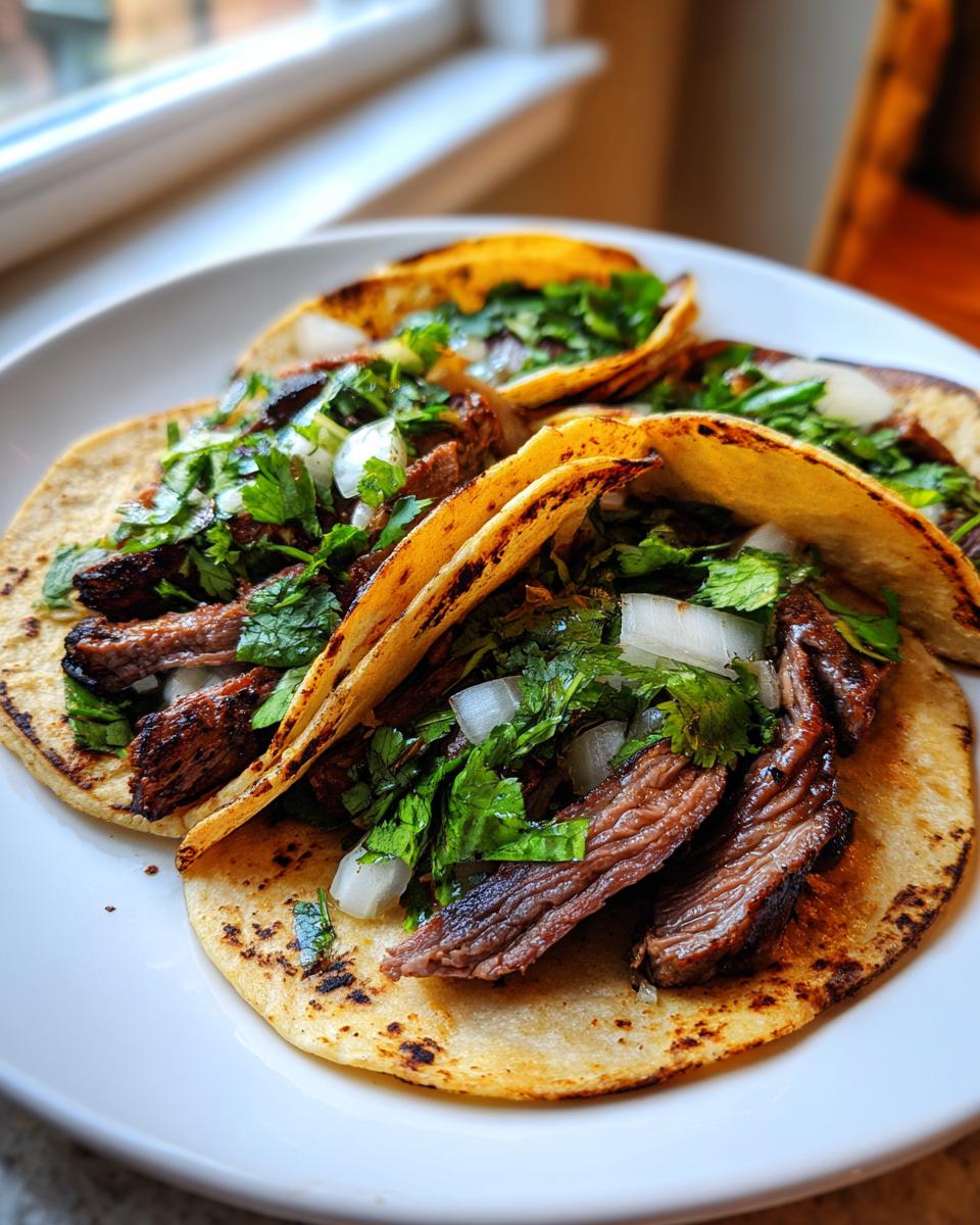 Close-up of three street-style steak tacos filled with grilled steak, white onion, and fresh cilantro on charred corn tortillas.