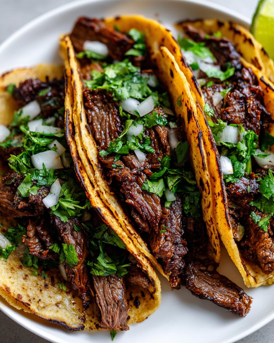 Close-up of three delicious steak tacos filled with shredded, dark-marinated steak, topped with fresh cilantro and diced white onion.