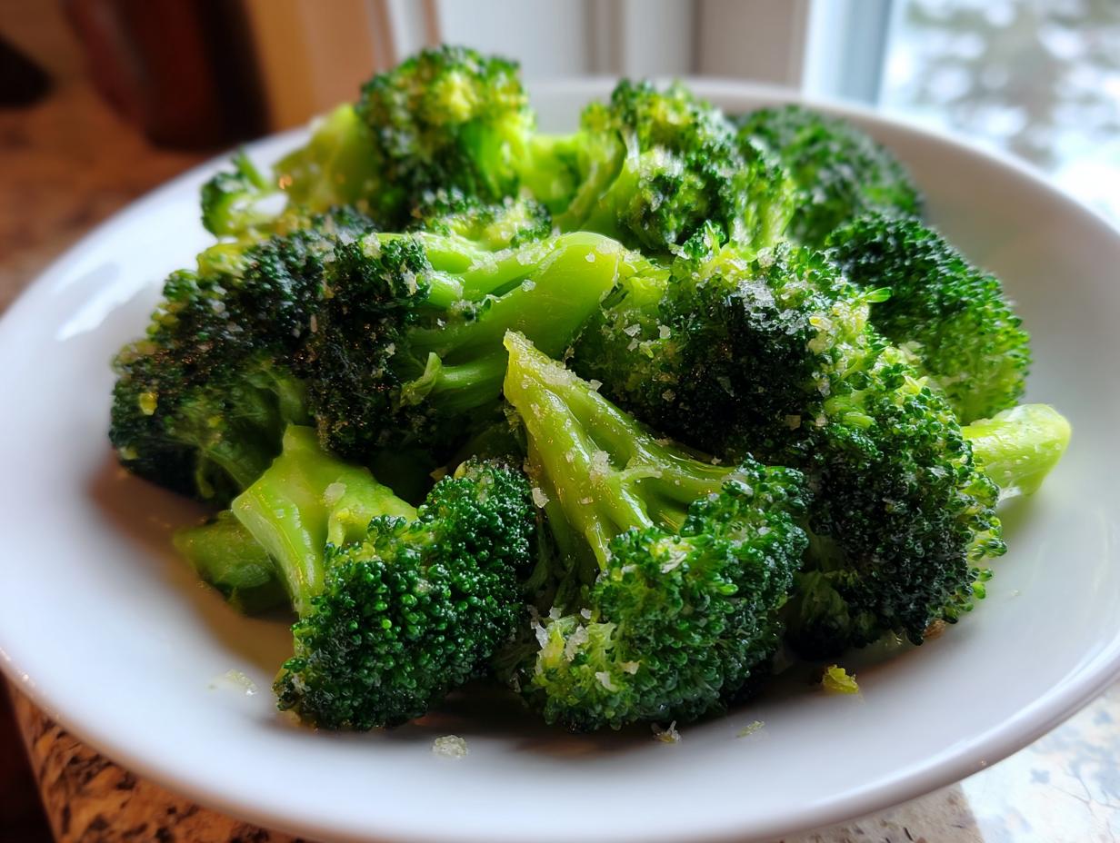 Close-up of bright green steamed broccoli florets seasoned with salt, ready to eat.