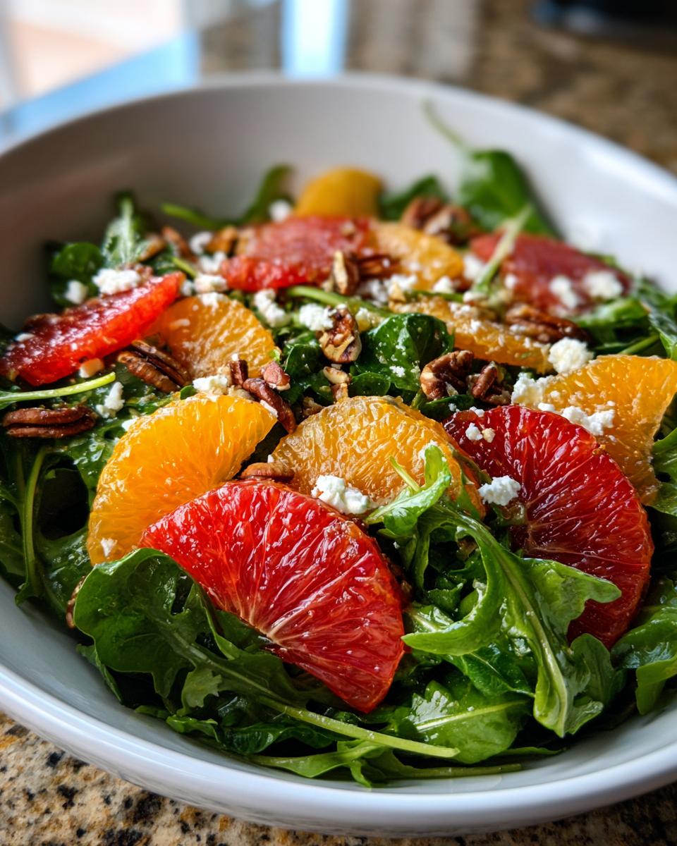 Close-up of a vibrant citrus salad featuring blood orange and navel orange segments over arugula, topped with feta and pecans.