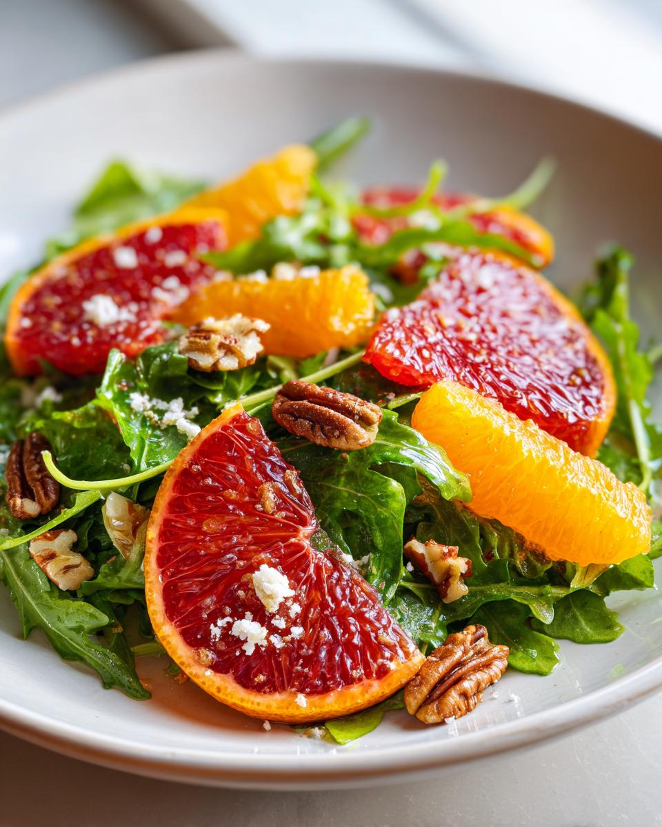 Close-up of a vibrant citrus salad featuring blood orange slices, regular orange segments, pecans, and crumbled cheese over arugula.