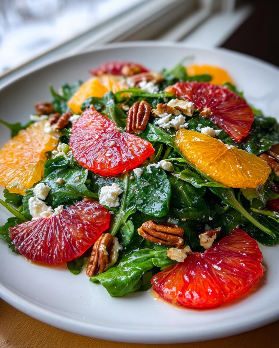 Close-up of a vibrant citrus salad featuring arugula, slices of blood orange, regular orange, crumbled feta, and pecans.