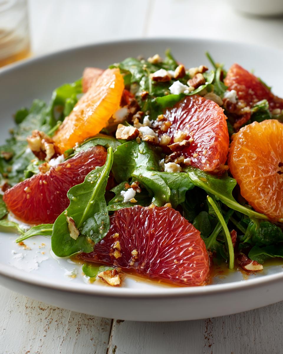 Close-up of a vibrant citrus salad featuring blood orange segments, orange slices, arugula, pecans, and feta cheese.