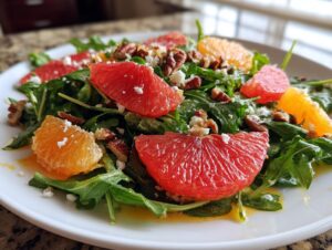 Close-up of a vibrant citrus salad featuring segments of red grapefruit and orange over arugula, topped with pecans and feta cheese.