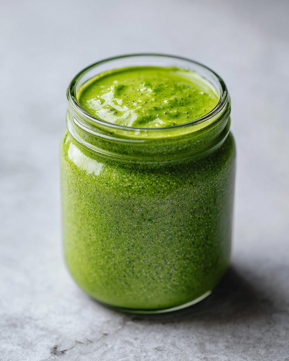 Close-up of vibrant green matcha chia pudding texture in a clear glass jar.
