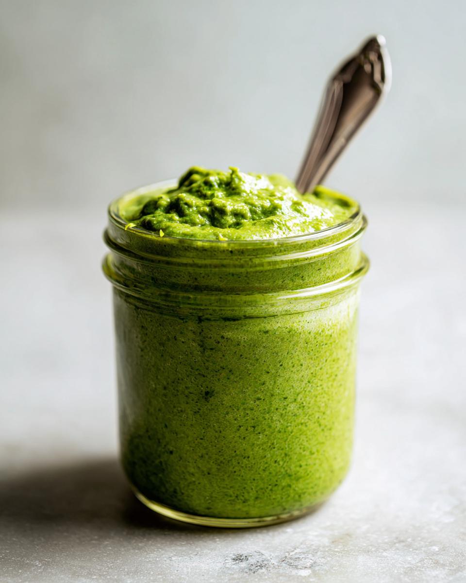 A close-up of thick, vibrant green matcha chia pudding in a small glass jar with a spoon resting inside.
