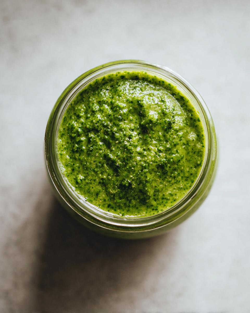 Overhead shot of vibrant green matcha chia pudding texture inside a clear glass jar.